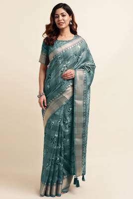 Dusty sea green cotton floral print ajrakh print golden zari border tassels saree with unstiched blouse piece 1
