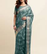 Dusty sea green cotton floral print ajrakh print golden zari border tassels saree with unstiched blouse piece