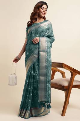 Dusty sea green cotton floral print ajrakh print golden zari border tassels saree with unstiched blouse piece 2
