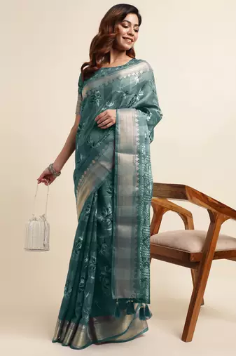 Dusty sea green cotton floral print ajrakh print golden zari border tassels saree with unstiched blouse piece