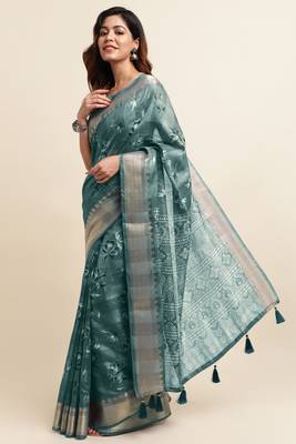 Dusty sea green cotton floral print ajrakh print golden zari border tassels saree with unstiched blouse piece 3