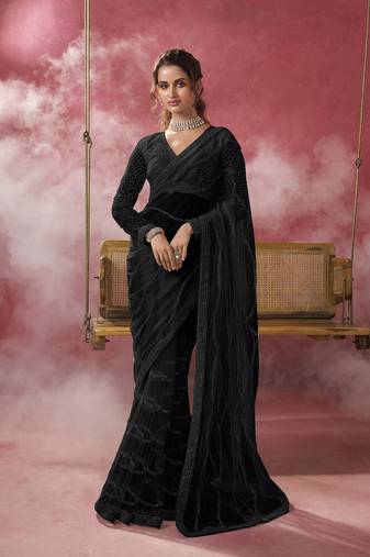 Black color beads and sequins work net fabric saree with blouse fabric 