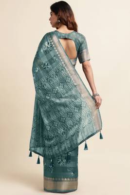 Dusty sea green cotton floral print ajrakh print golden zari border tassels saree with unstiched blouse piece 4