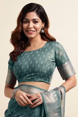 Dusty sea green cotton floral print ajrakh print golden zari border tassels saree with unstiched blouse piece 5