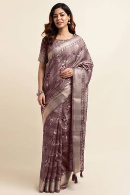 Dark dusty pink cotton floral print ajrakh print golden zari border tassels saree with unstiched blouse piece 1