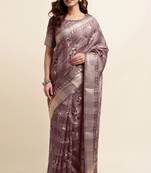 Dark dusty pink cotton floral print ajrakh print golden zari border tassels saree with unstiched blouse piece
