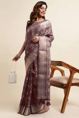 Dark dusty pink cotton floral print ajrakh print golden zari border tassels saree with unstiched blouse piece 2
