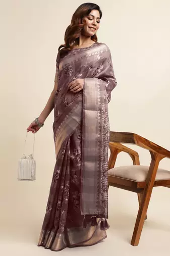 Dark dusty pink cotton floral print ajrakh print golden zari border tassels saree with unstiched blouse piece