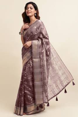 Dark dusty pink cotton floral print ajrakh print golden zari border tassels saree with unstiched blouse piece 3
