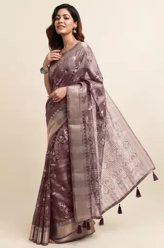 Dark dusty pink cotton floral print ajrakh print golden zari border tassels saree with unstiched blouse piece