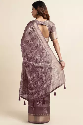 Dark dusty pink cotton floral print ajrakh print golden zari border tassels saree with unstiched blouse piece