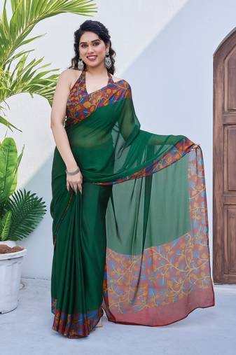 Bottle green chiffon floral print solid satin border saree with unstiched blouse piece