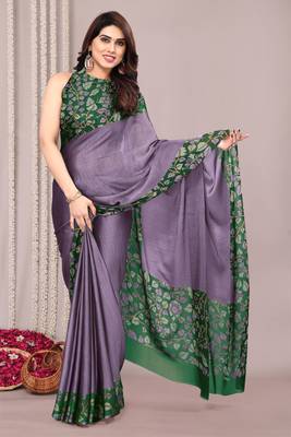 Dusty lavender chiffon floral print solid satin border saree with unstiched blouse piece 1