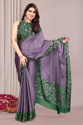 Dusty lavender chiffon floral print solid satin border saree with unstiched blouse piece
