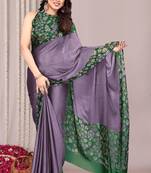 Dusty lavender chiffon floral print solid satin border saree with unstiched blouse piece