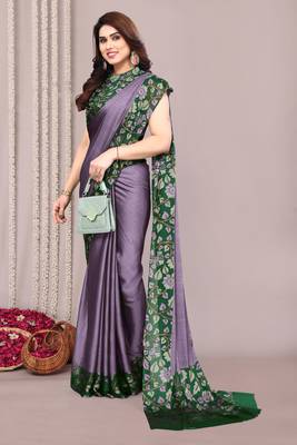 Dusty lavender chiffon floral print solid satin border saree with unstiched blouse piece 2