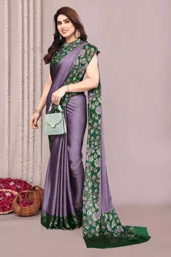 Dusty lavender chiffon floral print solid satin border saree with unstiched blouse piece