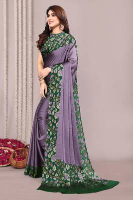 Dusty lavender chiffon floral print solid satin border saree with unstiched blouse piece 3