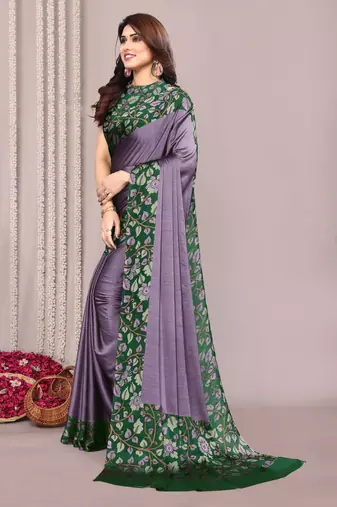 Dusty lavender chiffon floral print solid satin border saree with unstiched blouse piece