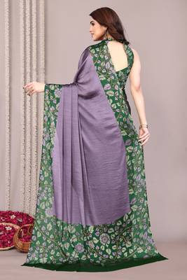 Dusty lavender chiffon floral print solid satin border saree with unstiched blouse piece 4