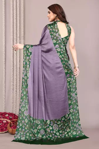 Dusty lavender chiffon floral print solid satin border saree with unstiched blouse piece