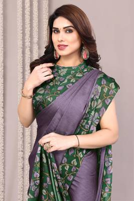 Dusty lavender chiffon floral print solid satin border saree with unstiched blouse piece 5