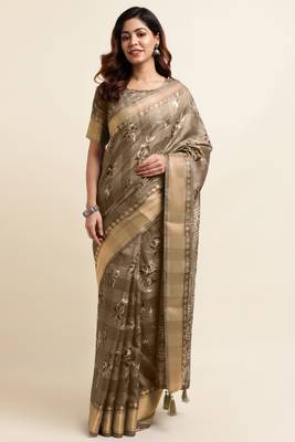 Chikoo cotton floral print ajrakh print golden zari border tassels saree with unstiched blouse piece 1