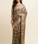 Chikoo cotton floral print ajrakh print golden zari border tassels saree with unstiched blouse piece