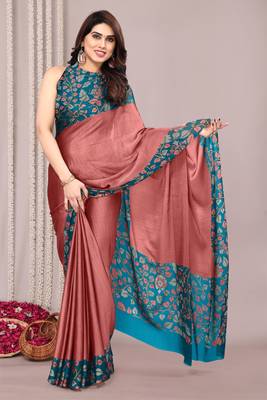 Dark dusty peach pink chiffon floral print solid satin border saree with unstiched blouse piece 1