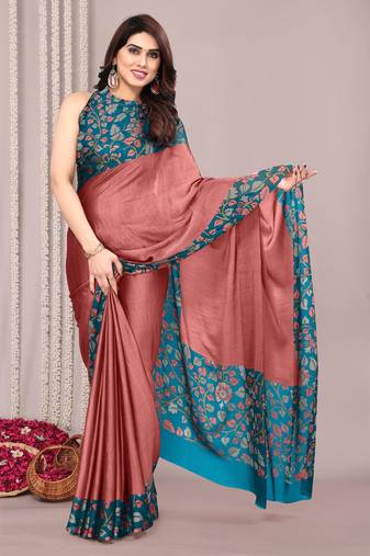 Dark dusty peach pink chiffon floral print solid satin border saree with unstiched blouse piece