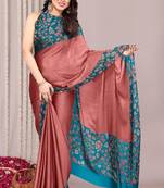 Dark dusty peach pink chiffon floral print solid satin border saree with unstiched blouse piece