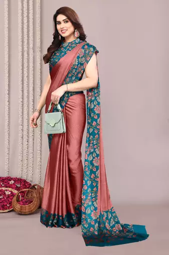 Dark dusty peach pink chiffon floral print solid satin border saree with unstiched blouse piece
