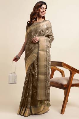 Chikoo cotton floral print ajrakh print golden zari border tassels saree with unstiched blouse piece 2