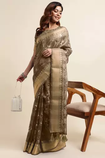Chikoo cotton floral print ajrakh print golden zari border tassels saree with unstiched blouse piece