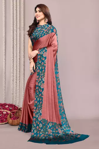 Dark dusty peach pink chiffon floral print solid satin border saree with unstiched blouse piece