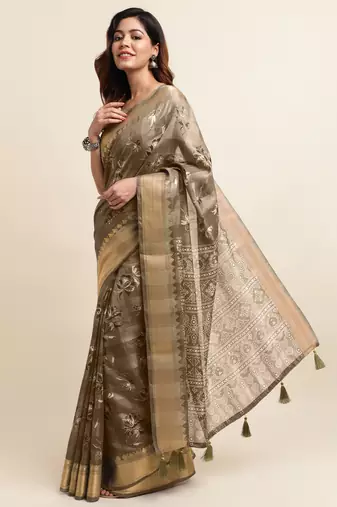 Chikoo cotton floral print ajrakh print golden zari border tassels saree with unstiched blouse piece
