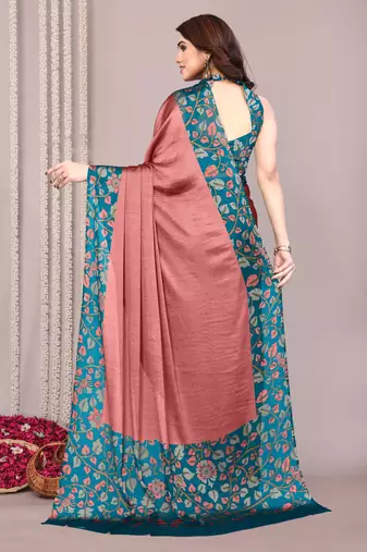 Dark dusty peach pink chiffon floral print solid satin border saree with unstiched blouse piece