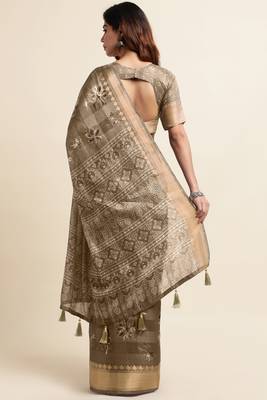 Chikoo cotton floral print ajrakh print golden zari border tassels saree with unstiched blouse piece 4