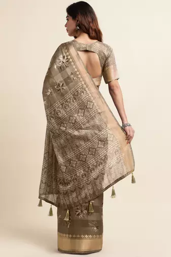 Chikoo cotton floral print ajrakh print golden zari border tassels saree with unstiched blouse piece