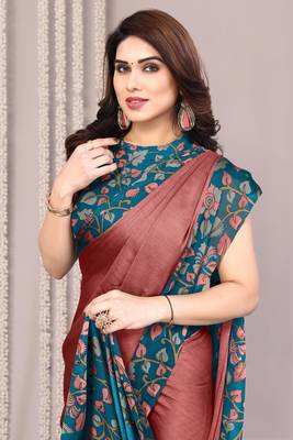 Dark dusty peach pink chiffon floral print solid satin border saree with unstiched blouse piece 5