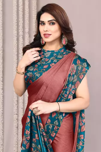 Dark dusty peach pink chiffon floral print solid satin border saree with unstiched blouse piece