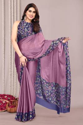 Dark dusty purple chiffon floral print solid satin border saree with unstiched blouse piece 1