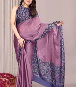 Dark dusty purple chiffon floral print solid satin border saree with unstiched blouse piece