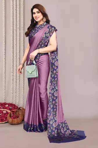 Dark dusty purple chiffon floral print solid satin border saree with unstiched blouse piece