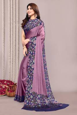 Dark dusty purple chiffon floral print solid satin border saree with unstiched blouse piece 3