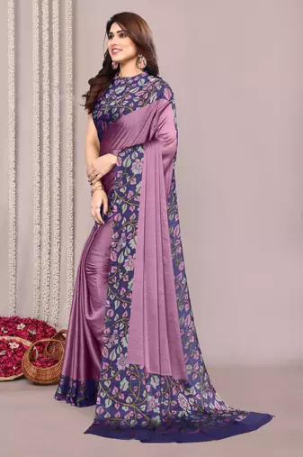 Dark dusty purple chiffon floral print solid satin border saree with unstiched blouse piece