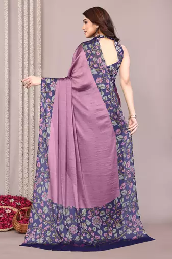 Dark dusty purple chiffon floral print solid satin border saree with unstiched blouse piece