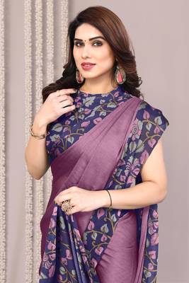 Dark dusty purple chiffon floral print solid satin border saree with unstiched blouse piece 5
