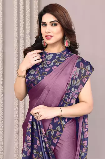 Dark dusty purple chiffon floral print solid satin border saree with unstiched blouse piece