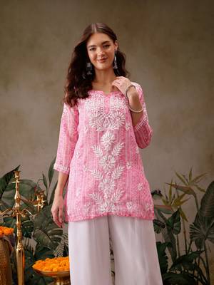 Hand embroidered bandhani printed pink kota lucknowi chikankari short kurti with slip 1